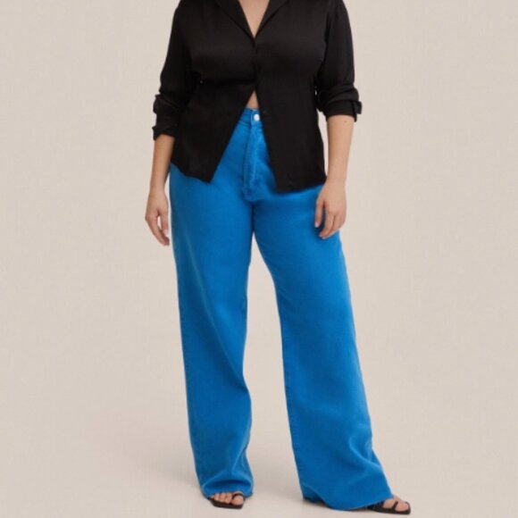 Mango Nora Button Fly Wide Leg High Rise Jeans Vibrant Blue Size 10 Denim - Picture 1 of 10